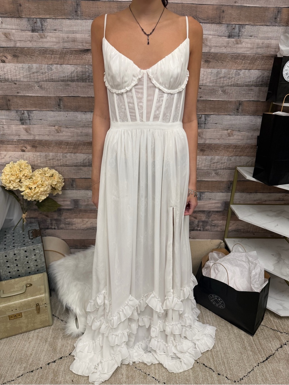 V.Chapman Carmen Chiffon Elegant White Ruffle-Trim Maxi Dress with Corset Bodice